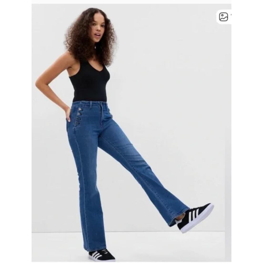 Gap 70s High Rise Flare Jeans 18 34 Nautical Sailor Button Front Boho Retro Blue